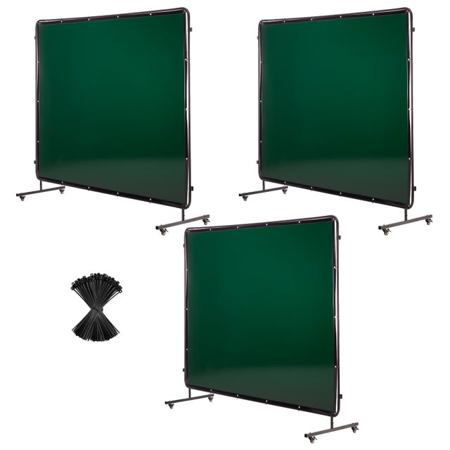 Ecran de soudage SucceBuy mobile a 3 panneaux avec cadre, 1,74 x 2,34 m,rideau en vinyle ignifuge, 12 roulettes, protection UV a 6 niveaux,vert fonce