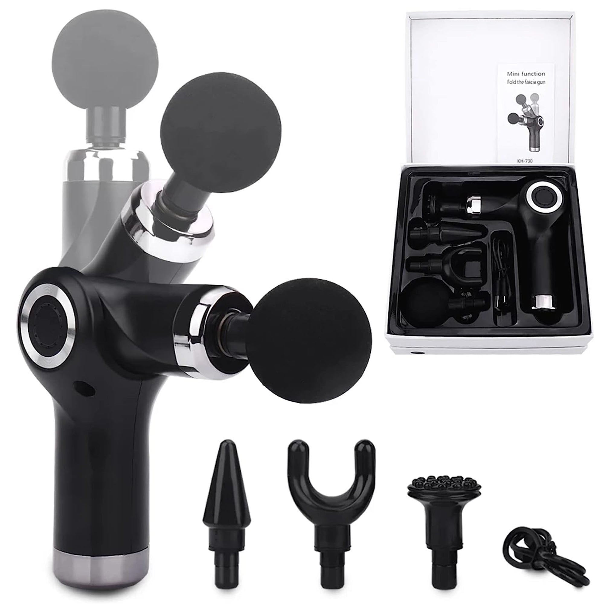 FISHTEC - Pistola massaggio, 420 g, 4 testine, 4 velocità 1600-3200 tpm, batteria 1800 mAh, 400 min, USB, Ø 4,3x20,5 cm, muscoli - 4