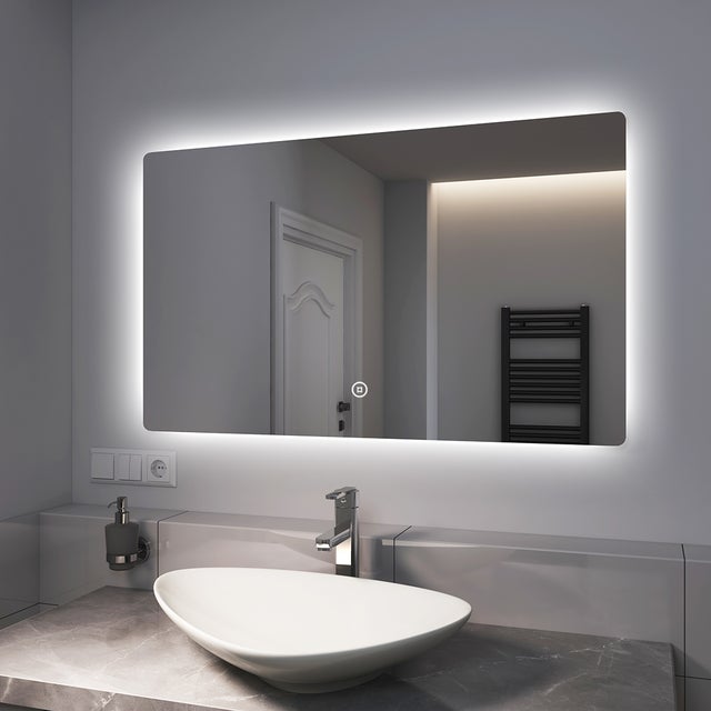 EMKE Lustro łazienkowe z oświetleniem LED 100x60 cm, z 6500K, możliwość ściemniania, funkcja pamięci, przełącznik dotykowy, IP44, bezramowe