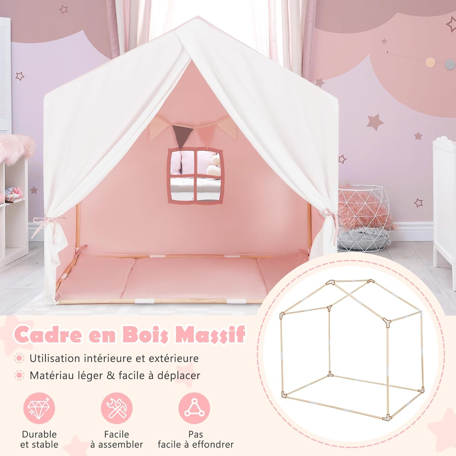 Tenda da Gioco per Bambini, Tenda per Bambini con Finestre Tappetino Lavabile in Cotone e Bandiera, Castello da Gioco per Bambini 3 Anni + (Ro - 2