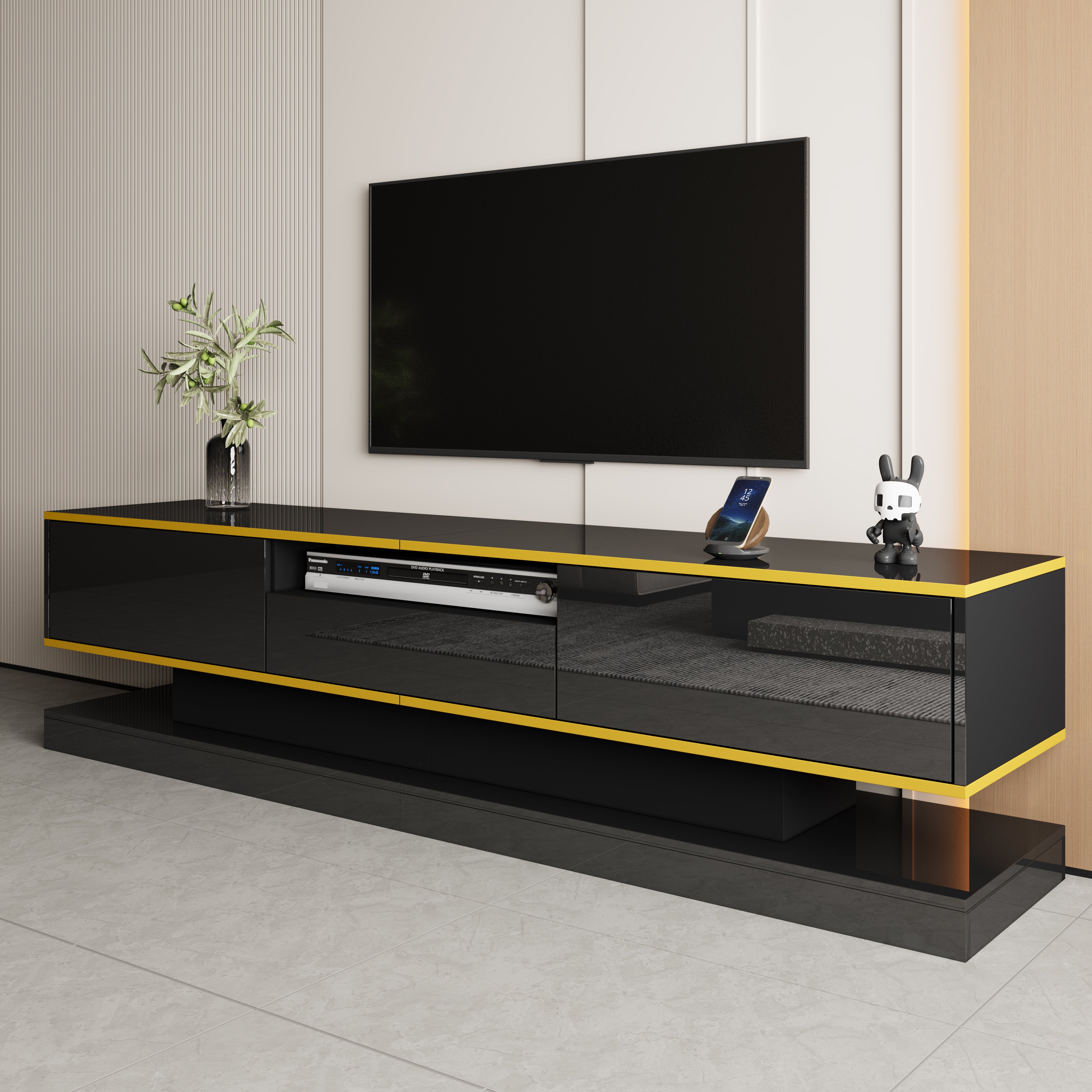 Nowoczesna szafka pod TV 180x38x45 cm - z trzema szufladami - z otwartą komorą - z oświetleniem LED - czarna