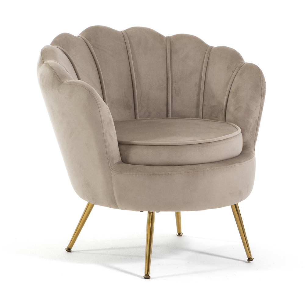 Sillón perla acolchado con respaldo en forma de concha, para sala de estar y dormitorio, en terciopelo beige con patas cromadas oro