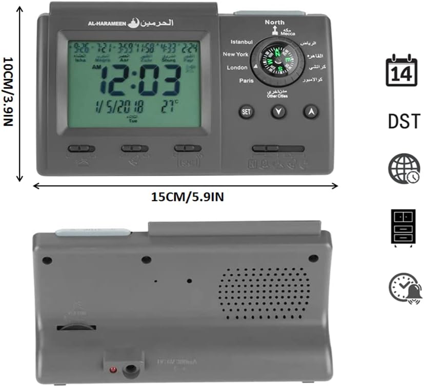 Horloge Azan Islamique Numérique - Réveil Prière Musulman Multifonction, Alarme et Horloge Bureau et Maison, Noir - 2