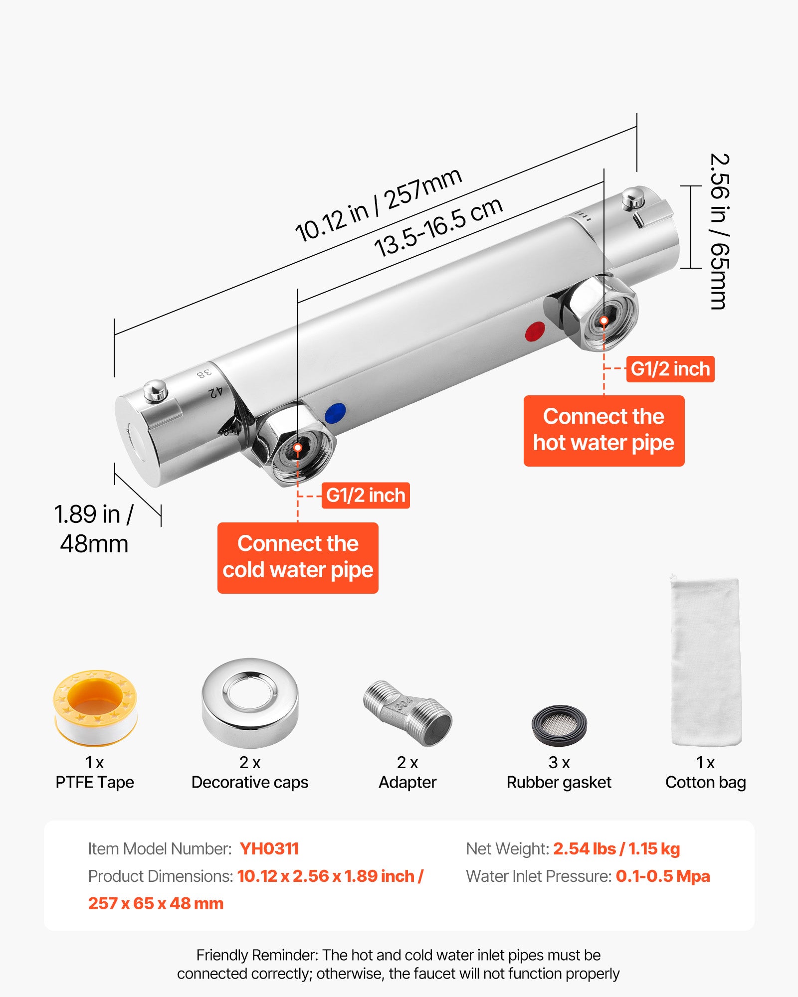 Mitigeur thermostatique douche, VEVOR verrouillage sécurité 38°C, contrôle température eau chaude/froide, laiton massif, système équilibrage pression - 6