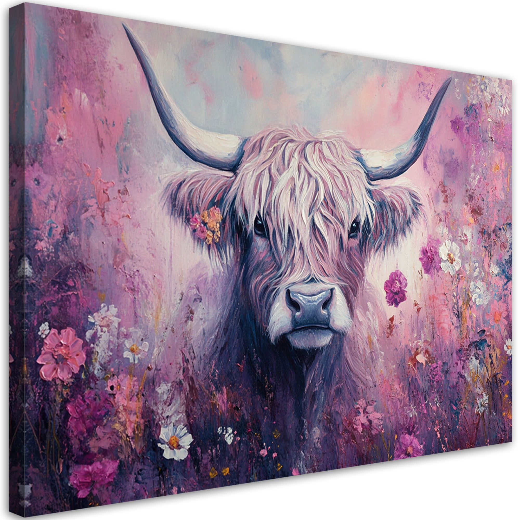 Obraz na płótnie, Krowa Szkocka Abstrakcja, Kwiaty różowe 120x80