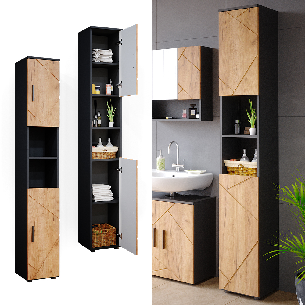 Vicco Armario de baño Irma, Oro power roble/antracita, 30 x 192 cm - 2