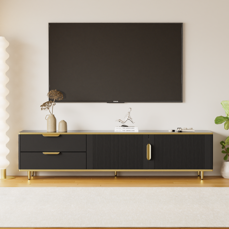 TV-Schrank mit geschnitzter Textur, solidm Stauraum, Marmor-Oberfläche i elegancki Griffen für Wohnzimmer