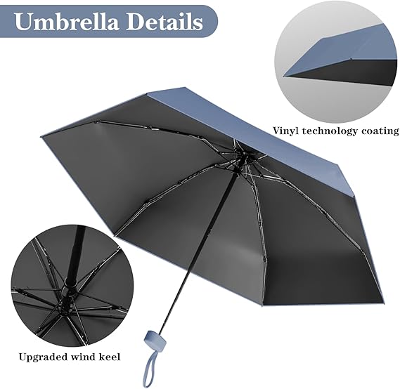 Parasol pliable 50%, pour les jours ensoleillés et pluvieux, pliable, protection UV, avec porte-cartes, bleu brume - 6