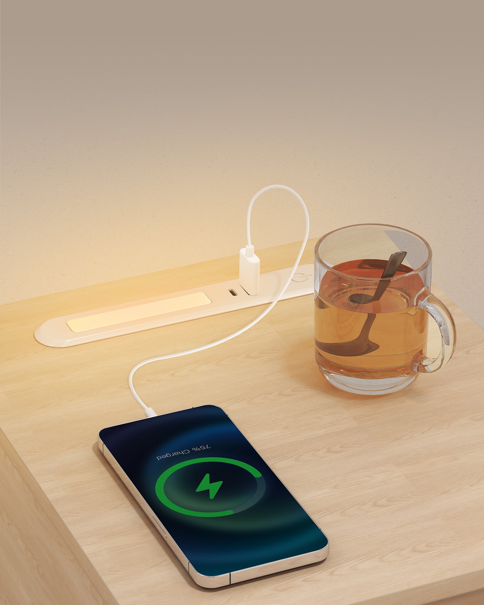Lot de 2, Table de Chevet Étroite, avec Éclairage LED, 1 Port USB-A, 1 Port USB-C, Tiroirs et Compartiments Ouverts, Jaune Amande et Blanc Nuage - 4