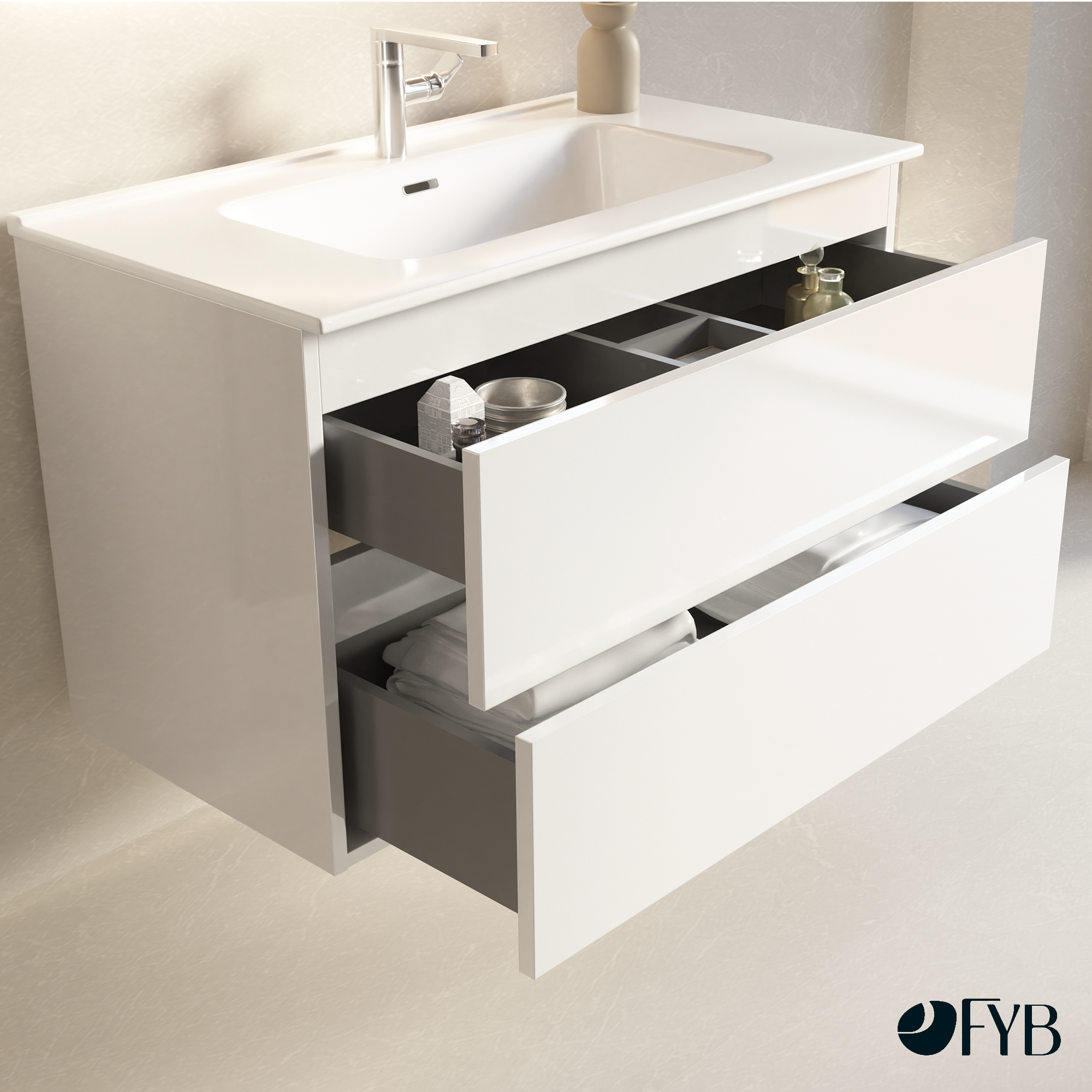 Feel Your Bath Meuble Salle de Bain LION 80 cm Blanc avec Plan Céramique Blanc et Miroir Carré LED Antibuée 80x80 – 2 Tiroirs Soft Close - 2