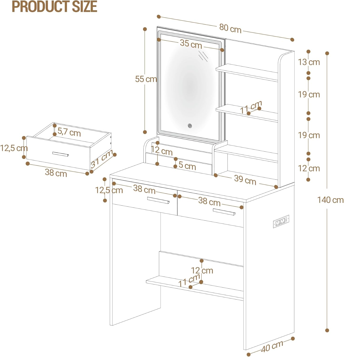 Coiffeuse avec Lumière LED, 2 Prises et 2 USB, avec 2 Tiroirs et 4 Étagères Ouvertes, Compartiment de Rangement, pour Chambre,Style Moderne, Blanc - 9