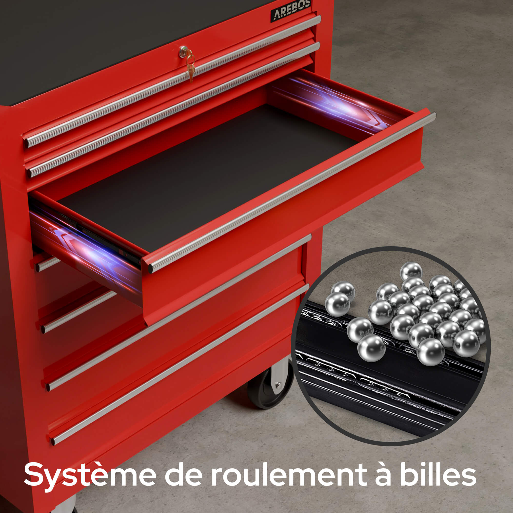 AREBOS Servantes d'atelier 7 Compartiments Fermeture centralisée Tapis antidérapants Inclus tiroirs sur roulements à Billes Roues avec Frein Rouge - 3