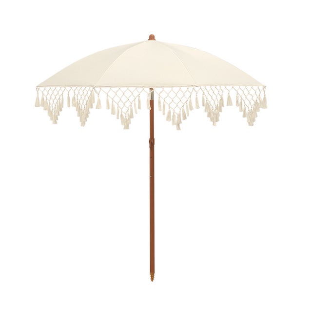 Parasol de plage/parasol avec pompons, toile Oxford 420D enduite de PU argenté, beige.