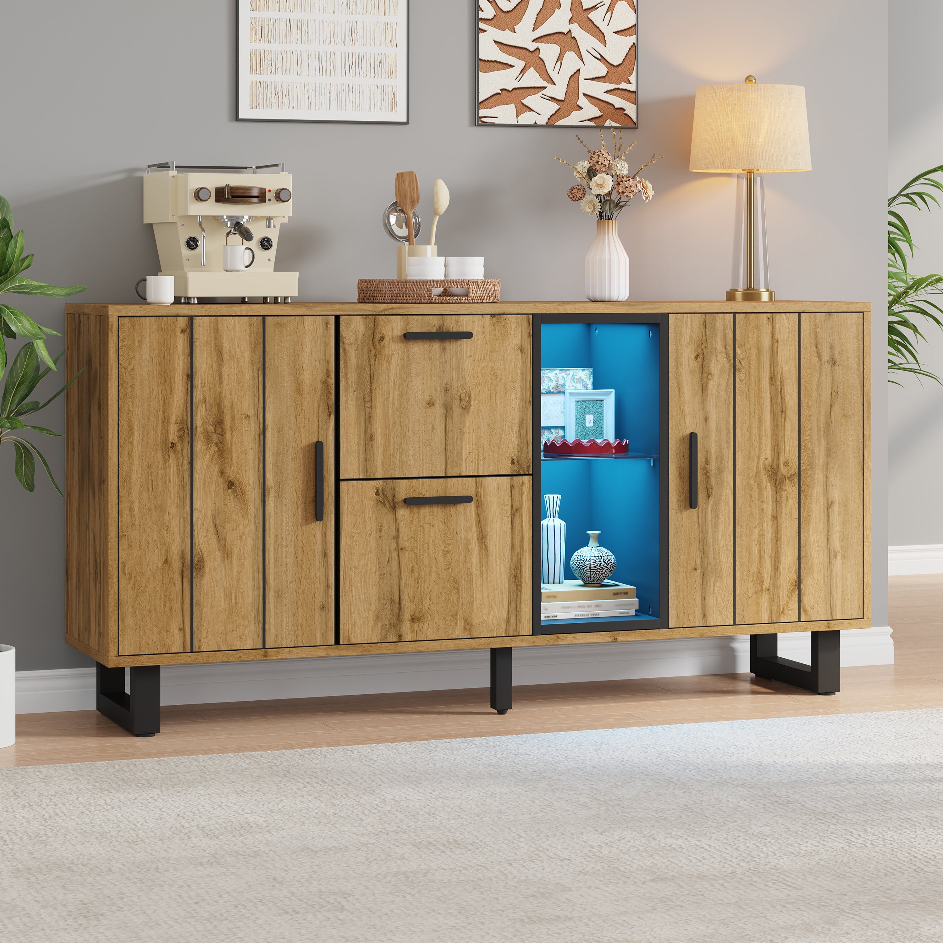 Komoda z 2 drzwiami, 2 szufladami i półkami - 160 x 40 x 73 cm - MDF - Naturalna