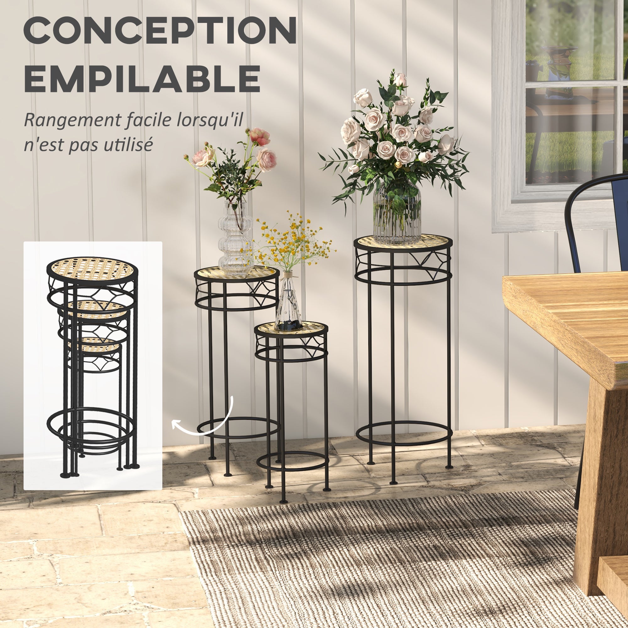 Lot de 3 supports pot de fleurs supports pour plantes ronds étagère à fleurs empilables - plateaux aspect rotin - 7