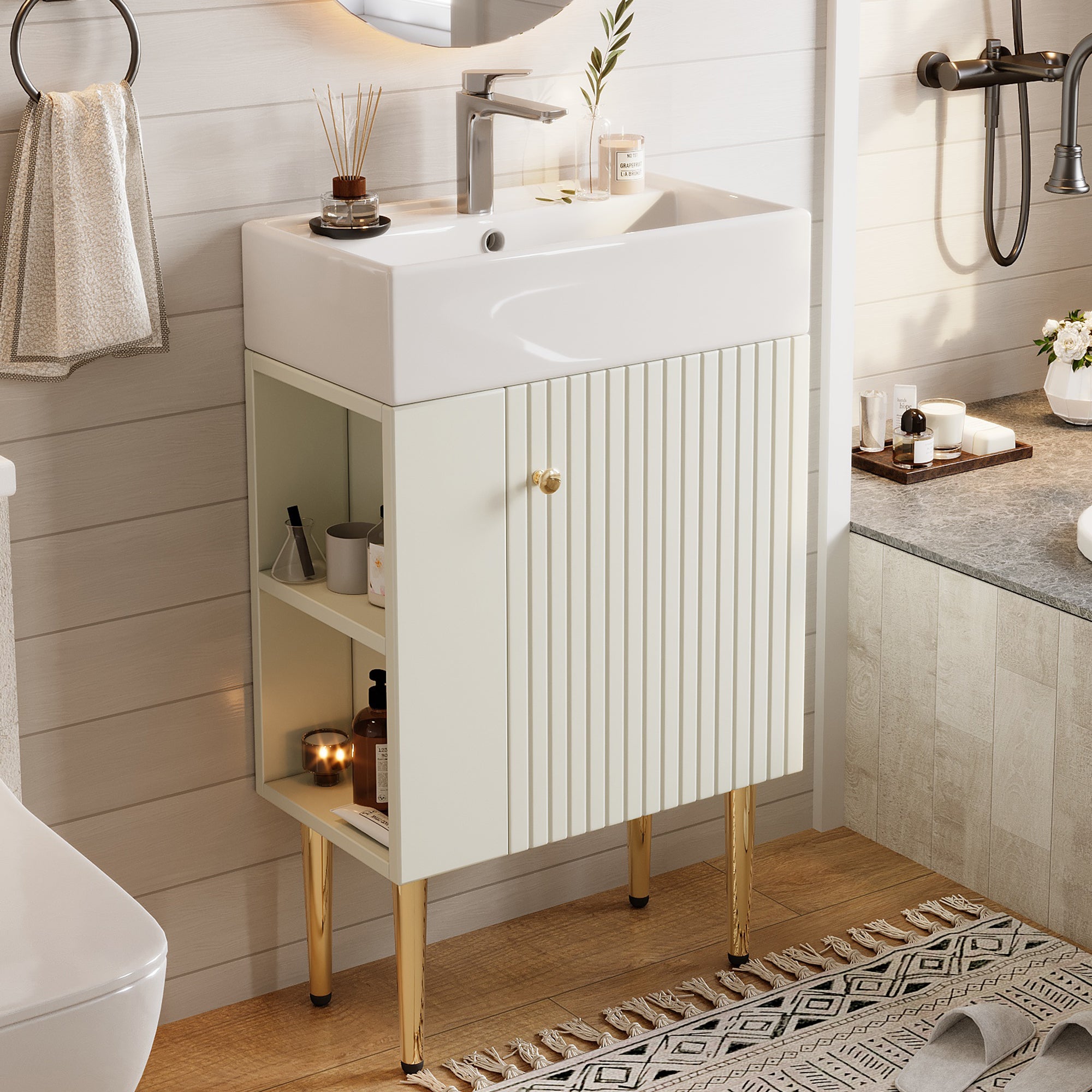 Mobile Sottolavabo Ona, Mobiletto Da Bagno, Contenitore Porta Lavabo Armadio Per Lavandino 80x45 H86 Cm Bianco Lucido E Rovere