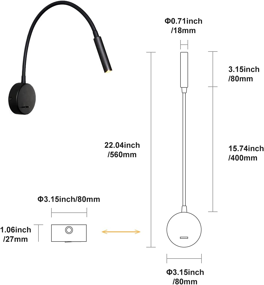 Applique de Lecture Noir, Lampe Col de Cygne Flexible LED 3W 3000K Fixation Liseuse Murale 240V avec interrupteur pour Chambres Salon Intérieur Salon - 3