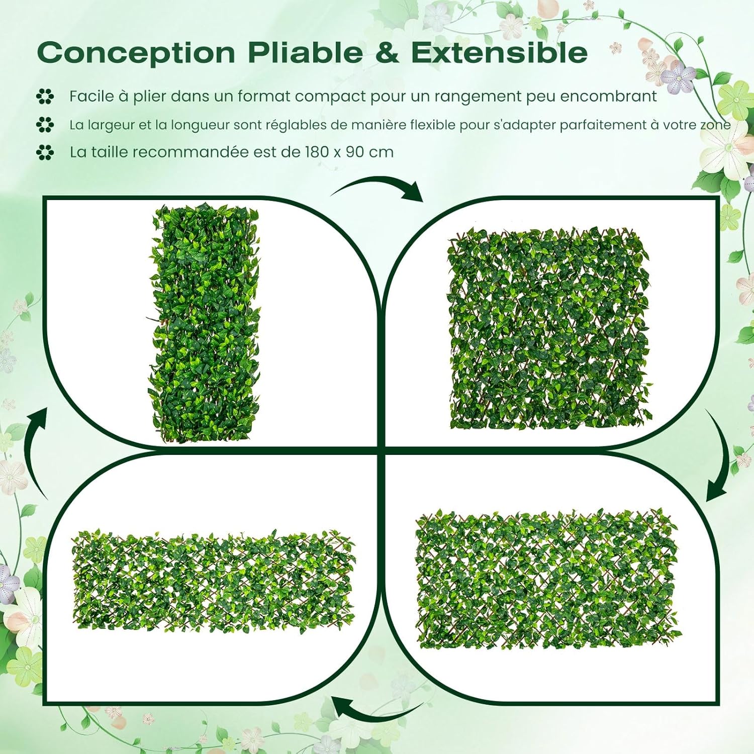 Haie Artificielle Brise-Vue Décoration Extensible, Panneau pour Clôture Décoratif Artificiel Protection Solaire Cadre (Lierre Vert) - 6