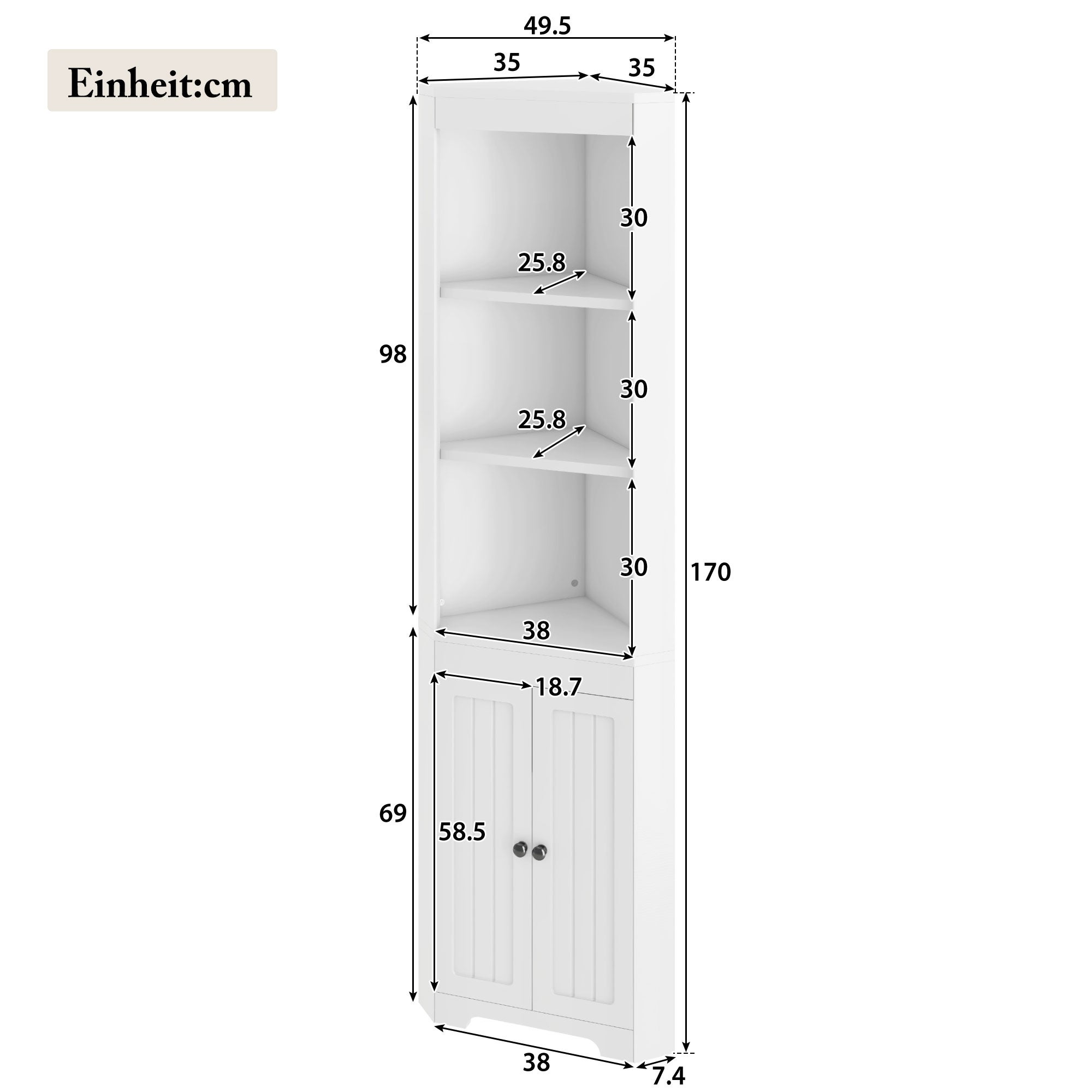 Mueble de baño esquinero - 2 puertas y 3 compartimentos abiertos - Madera MDF - Blanco - 6