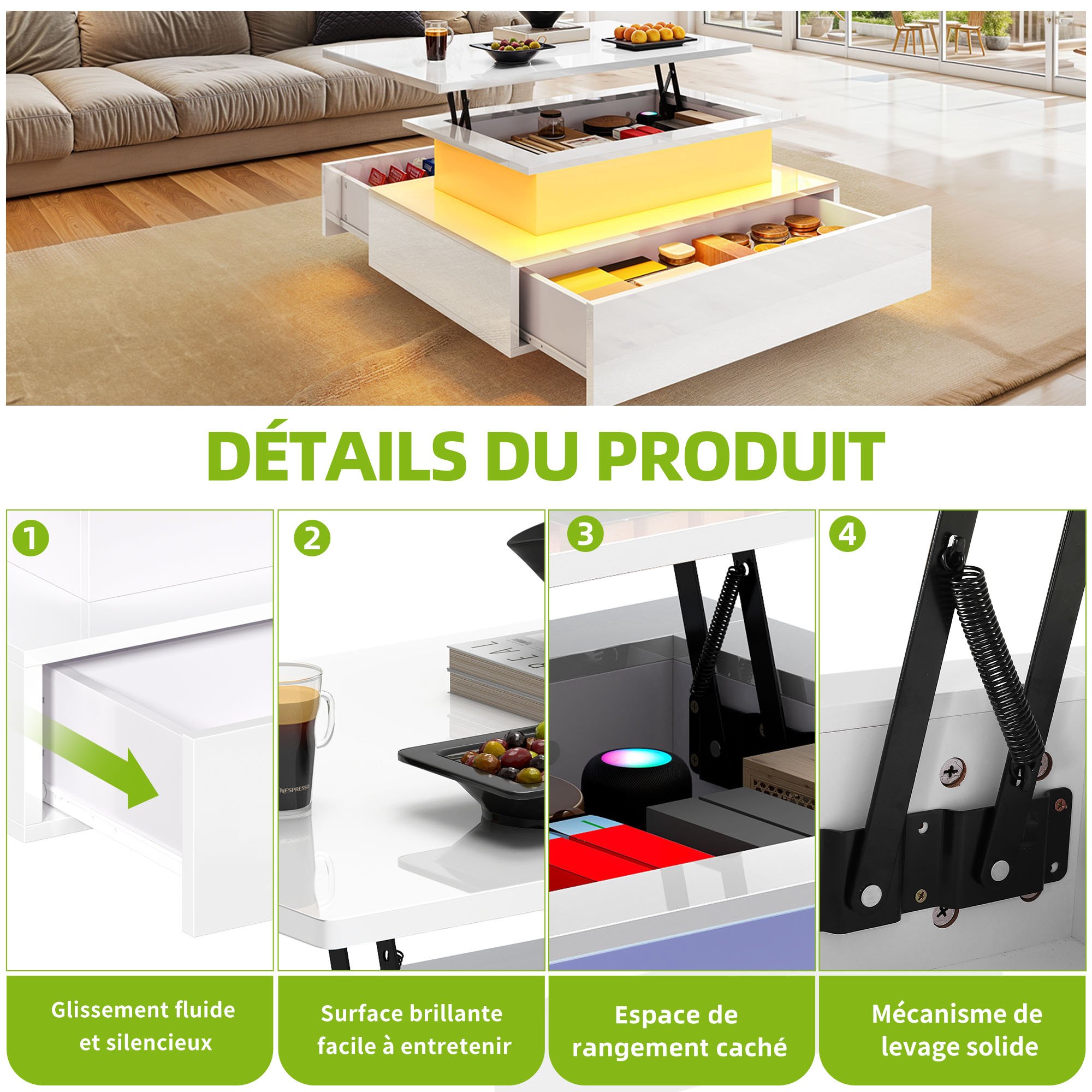 Balconera Table basse- Éclairage LED-2 tiroirs de rangement-85 x 55 x 56 cm- Blanc - 6