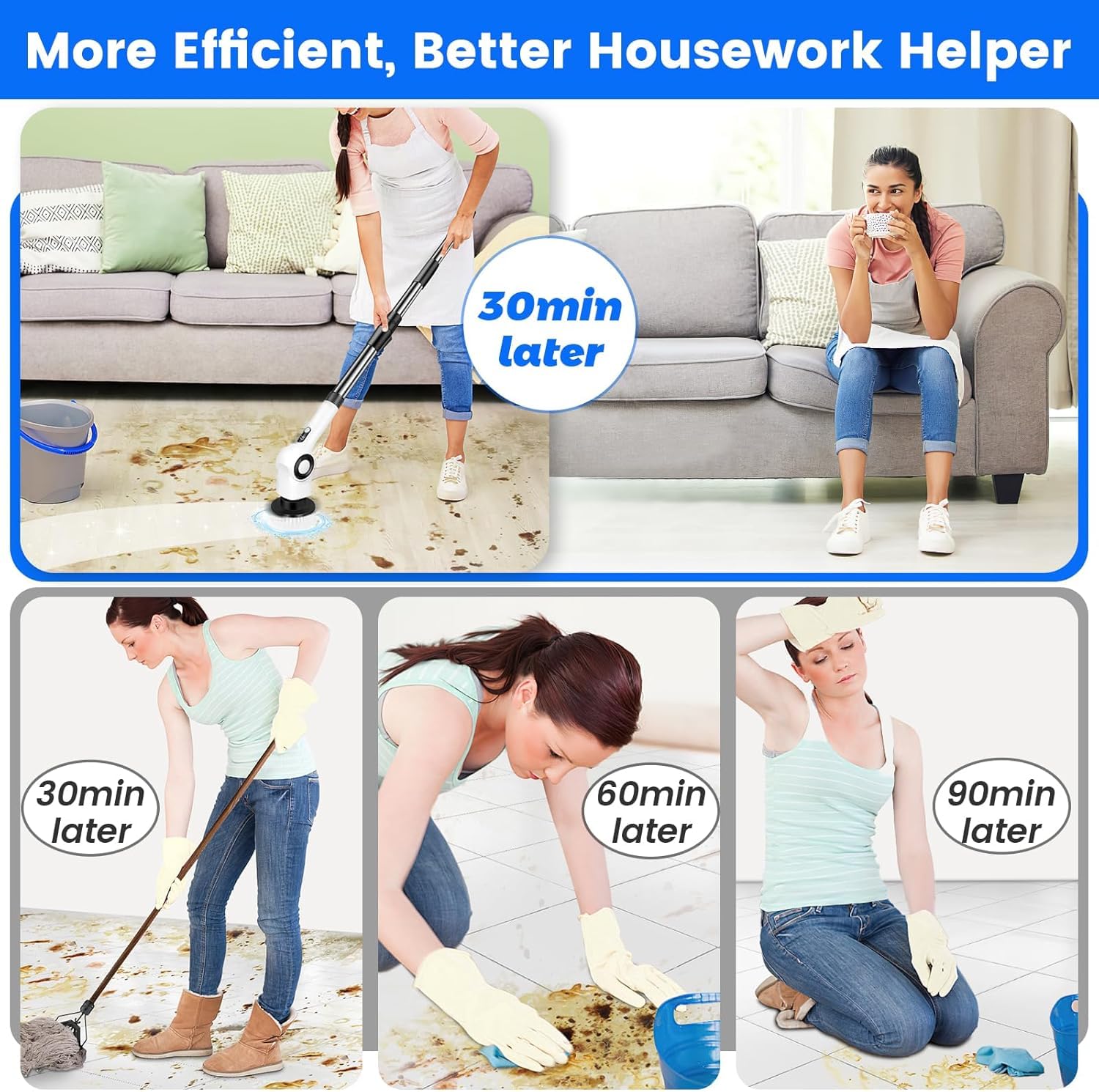 Brosse de nettoyage électrique 7 en 1 avec 7 têtes de brosse remplaçables et manche allongé réglable,brosse de nettoyage électrique pour cuisine,blanc - 6