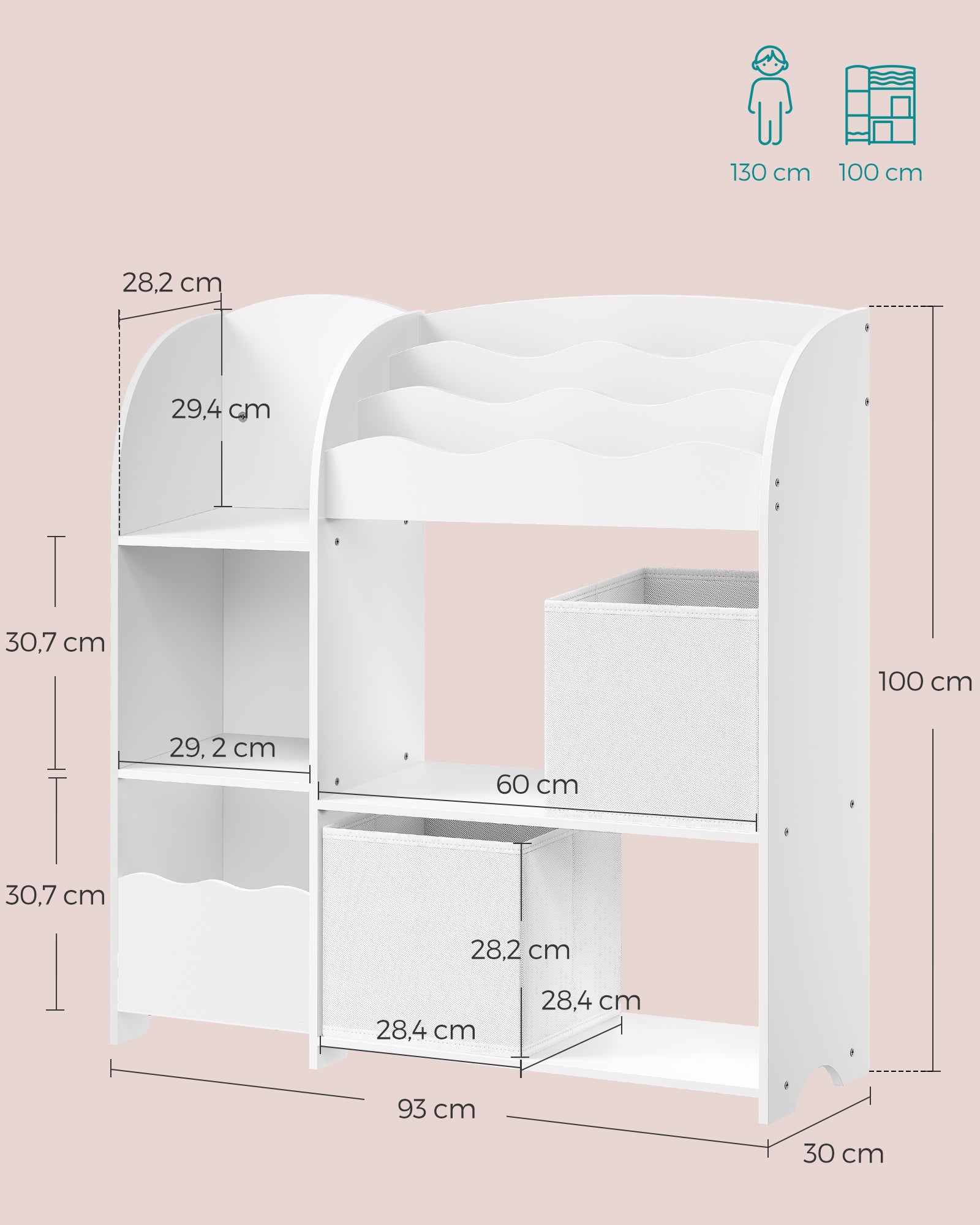 Étagère de Rangement pour Enfants, pour Livres et Jouets, Organisateur avec 2 Boîtes de Rangement, Blanc Nuage - 5