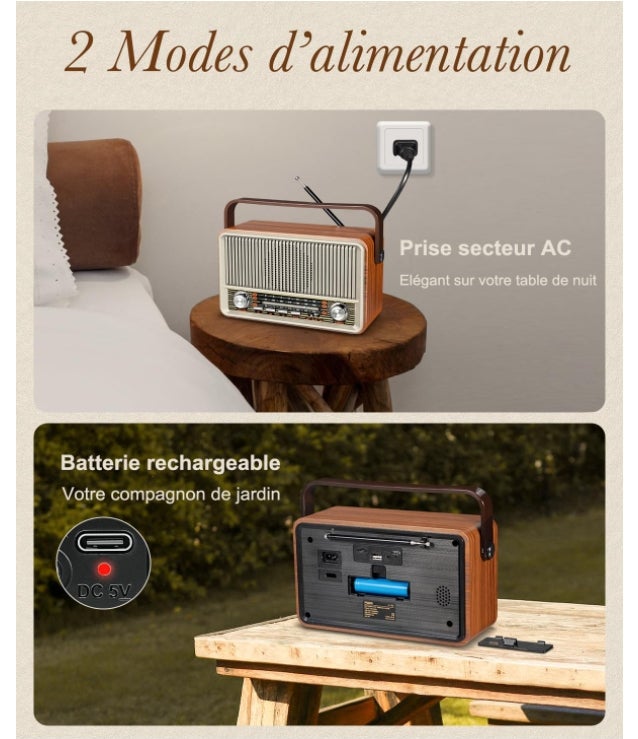 Radio Rétro Vintage Avec Bluetooth - Haut-Parleur 5W, Batterie 2000mAh, Carte TF, USB Et AUX Pour Maison Et Voyage