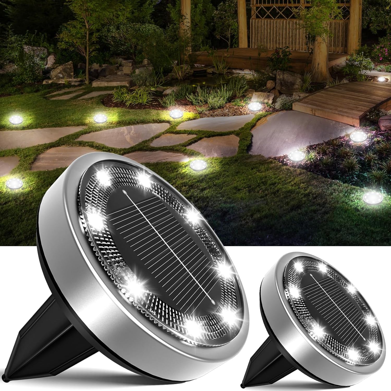 Lampa solarna, lampa gruntowa LED, lampa ogrodowa, 8 diod LED, wodoodporna, [zimne białe światło], opakowanie 2 szt.