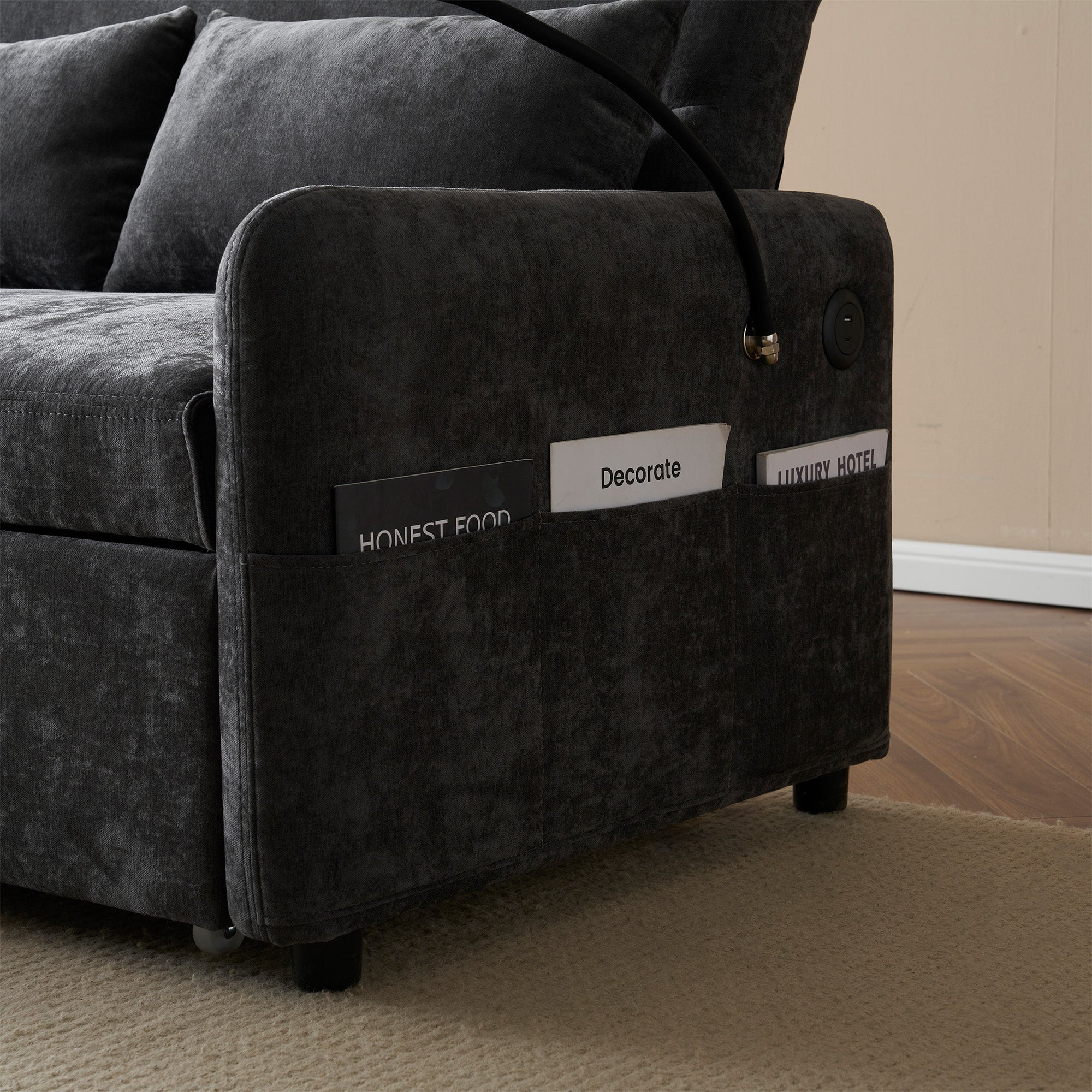Canapé convertible 2 places avec dossier réglable - Support et prise USB - Tissu chenille - Fonction sommeil - Gris - 8