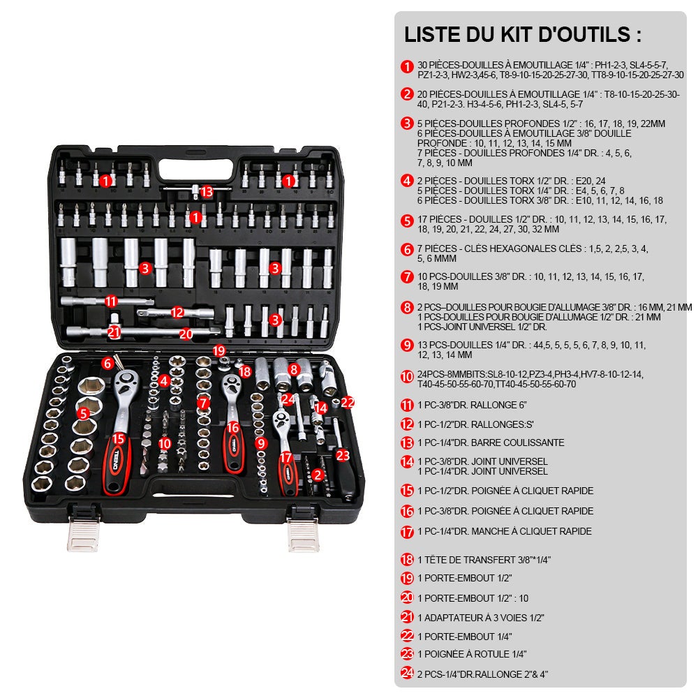 TEENO Boîte à outils avec douilles et forets, 172 pièces - 2