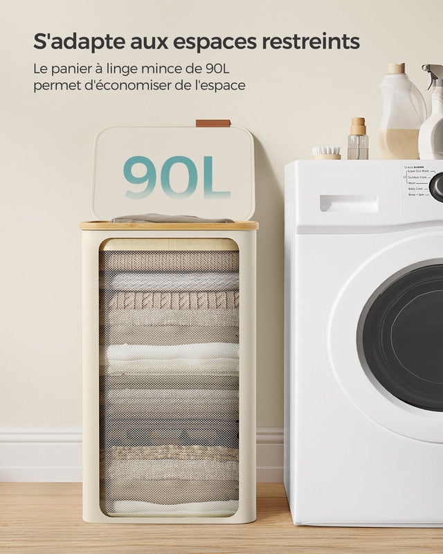 Panier à Linge Mince avec Couvercle, 90L, Gain de Place, Tissu Oxford, Poignées en Bambou, Pliable, 42 x 32 x 70,5 cm, Blanc Crème - 3