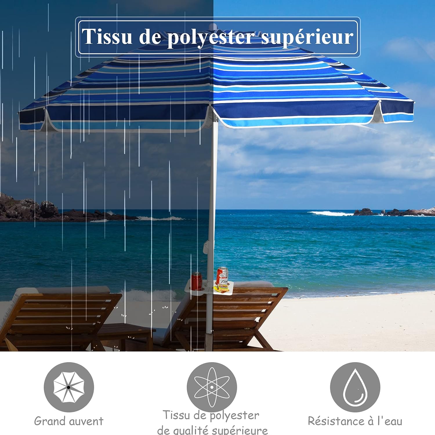 Ombrellone Spiaggia Antivento 2M - 8 Stecche, Palo Alluminio Inclinabile, Azzurro - Foto 11