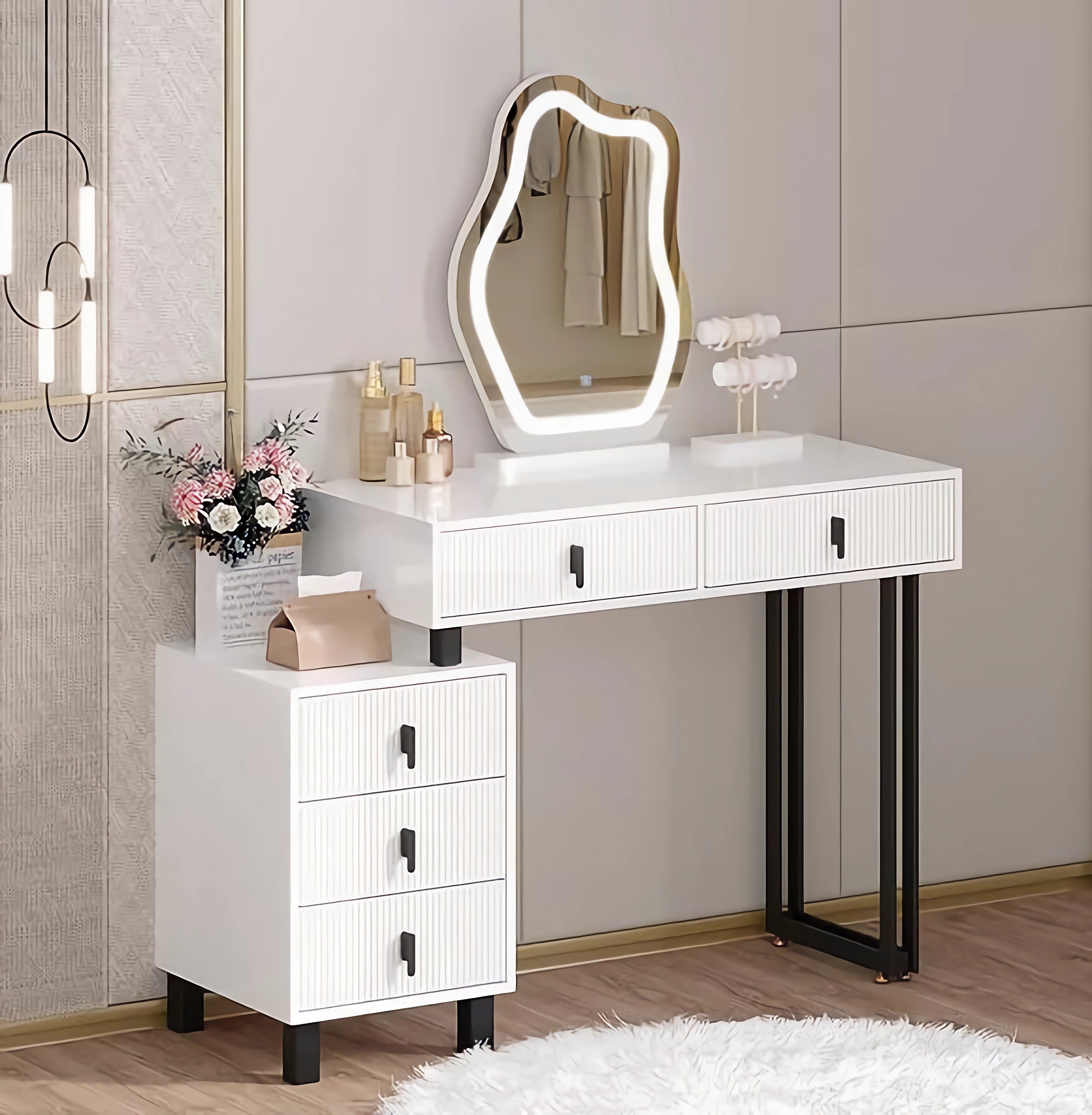 Coiffeuse Vicco Isabelle Avec Miroir Et Éclairage LED – Table De Maquillage Blanc Avec Rangements
