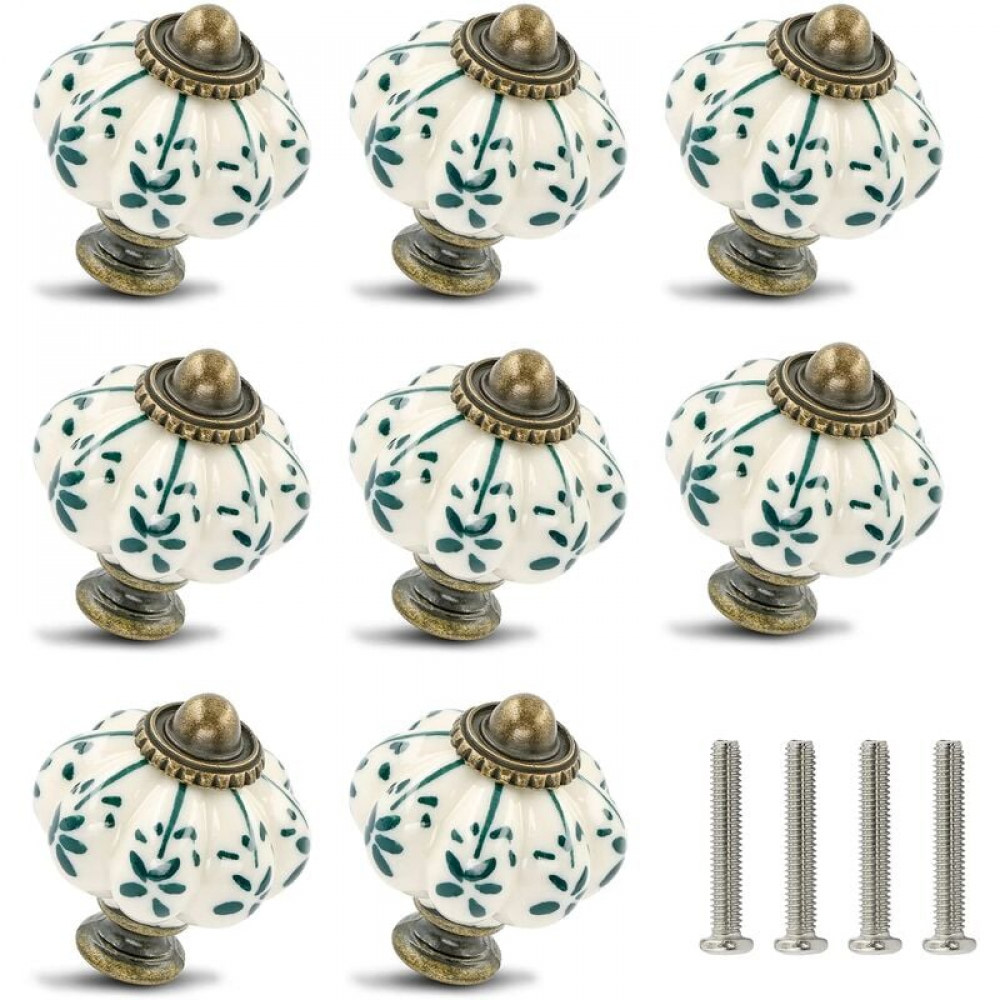 Zestaw 8 ceramicznych gałek w kolorze kości słoniowej i zieleni, zabytkowych uchwytów do szuflad ze śrubami do szafek, szuflad i szafek.