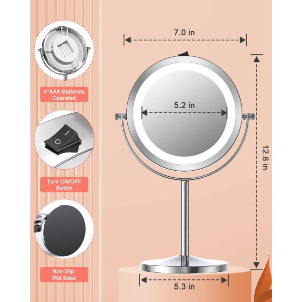Upplyst sminkspegel med ljus och förstoringsglas, 1x/10x förstoring Double LED-spegel 360° roterbar rund spegel - 4
