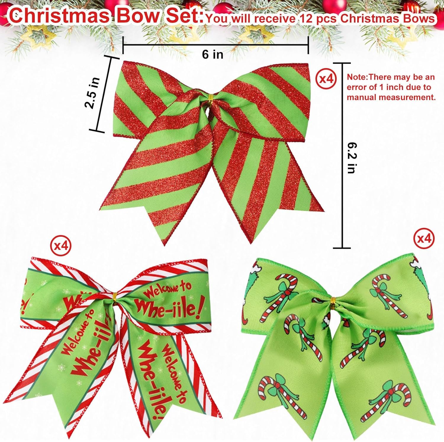 12 Pièces Noeud De Sapin De Noël 15 * 15cm, Noeuds De Noël Rouge Vert