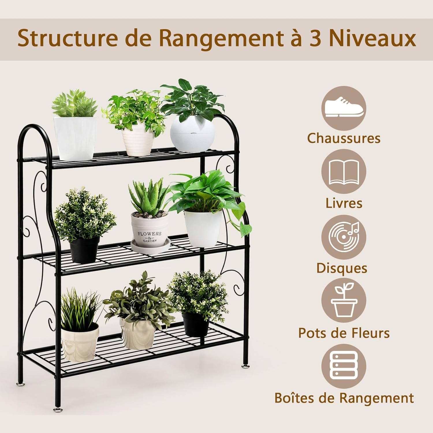 3 Niveaux Support pour Plantes en Métal, Étagère en Fer Imperméable pour Utilisation Intérieure et Extérieure, Noir - 3
