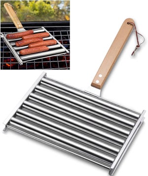 Grille à Saucisses Roulante Inox - Barbecue Hot-Dog 5 Capacités Avec Manche Bois Et 4 Brochettes
