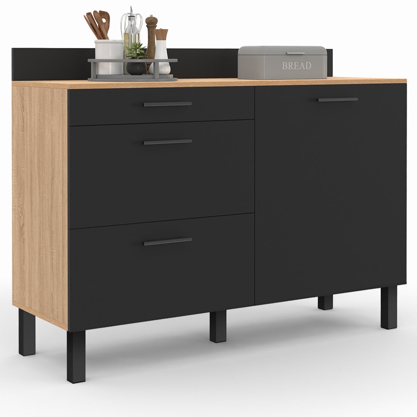 Buffet bas casserolier de cuisine 120 cm CINA plan de travail H.83 cm 1 porte + 3 tiroirs façon hêtre et noir - 3
