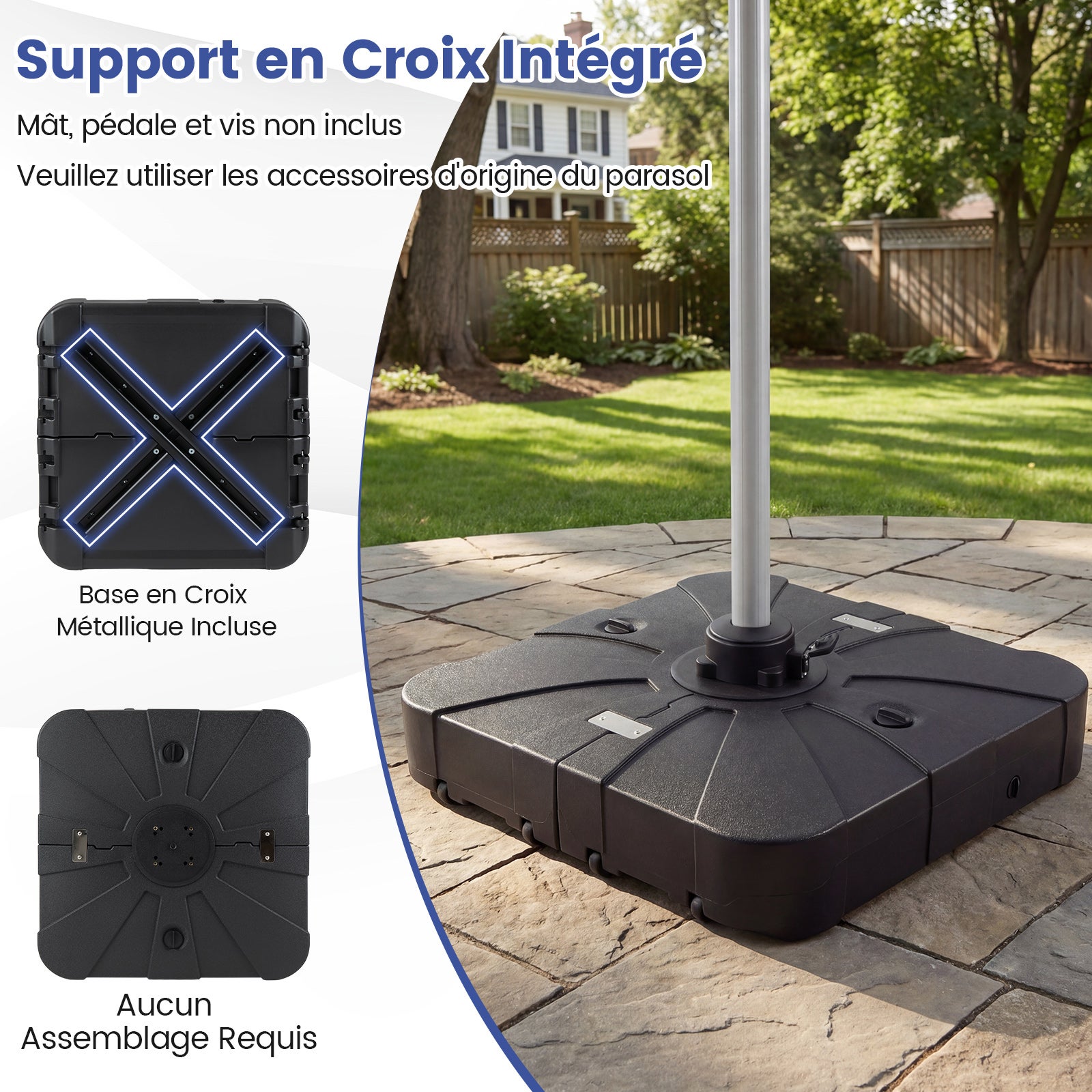 Pied de Parasol Déporté avec roulettes, Support Parasol en HDPE, Remplissable 130 kg Sable& Eau/120 kg Sable/107 kg Eau, 84 x 84 x 20 cm - 5