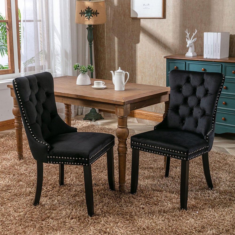 Ensemble de chaises de salle à manger, avec pieds en bois et garniture à clous, revêtement en velours, structure en bois massif,noir - 2