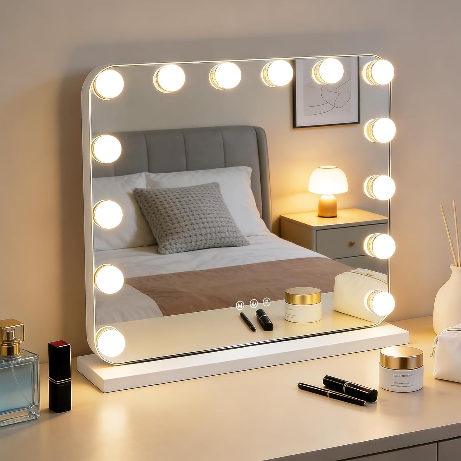 NETTLIFE Oglindă de machiaj Hollywood LED 50x40cm - Oglindă de Coafor Tactile şi Dimable, 3 Moduri de Lumină, Oglindă Cosmetică Design