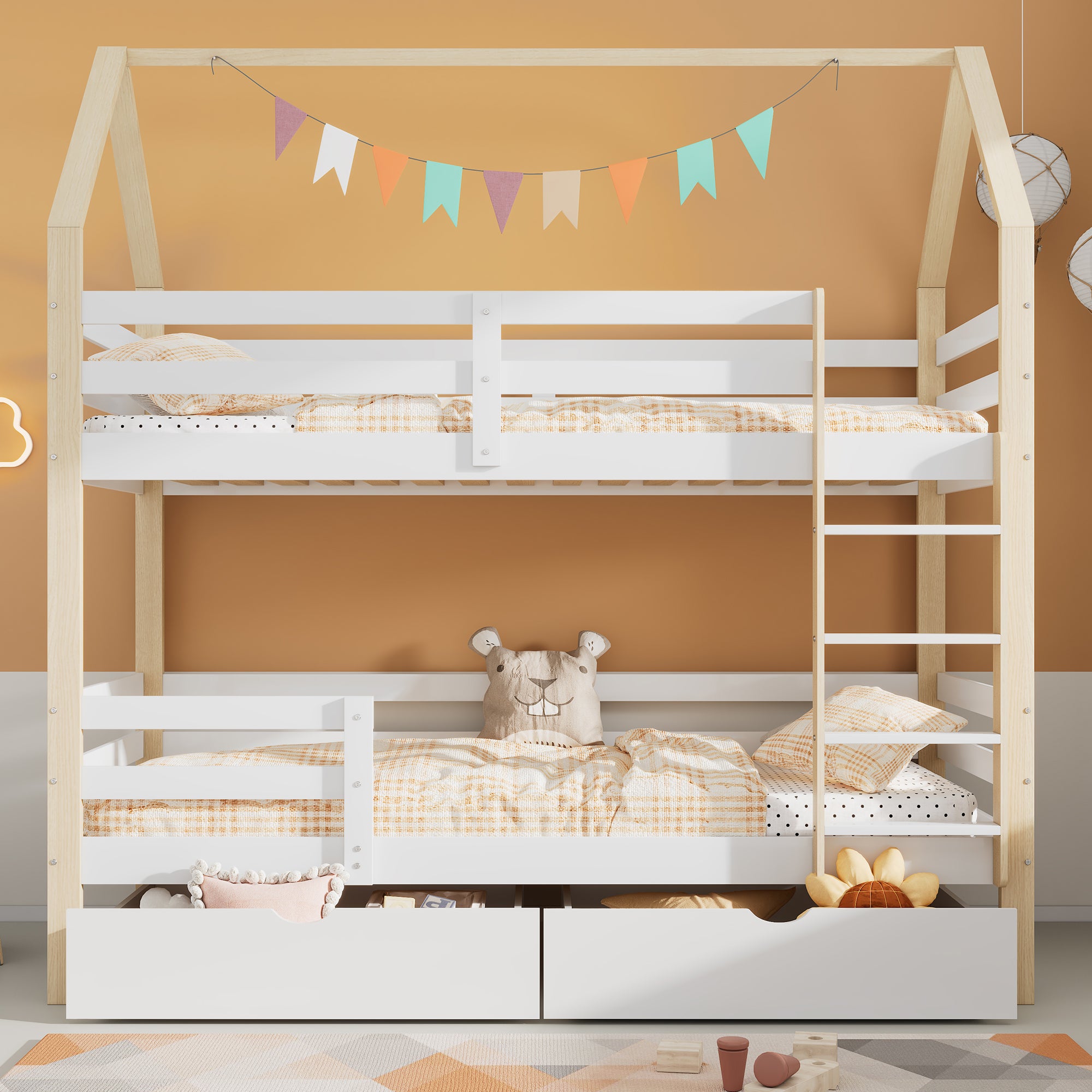 Łóżka piętrowe 2 x 90 x 200 cm z 2 szufladami i drabinką - Drewno lite - Kolor naturalny + biały (materace nie są wliczone w cenę) - 2