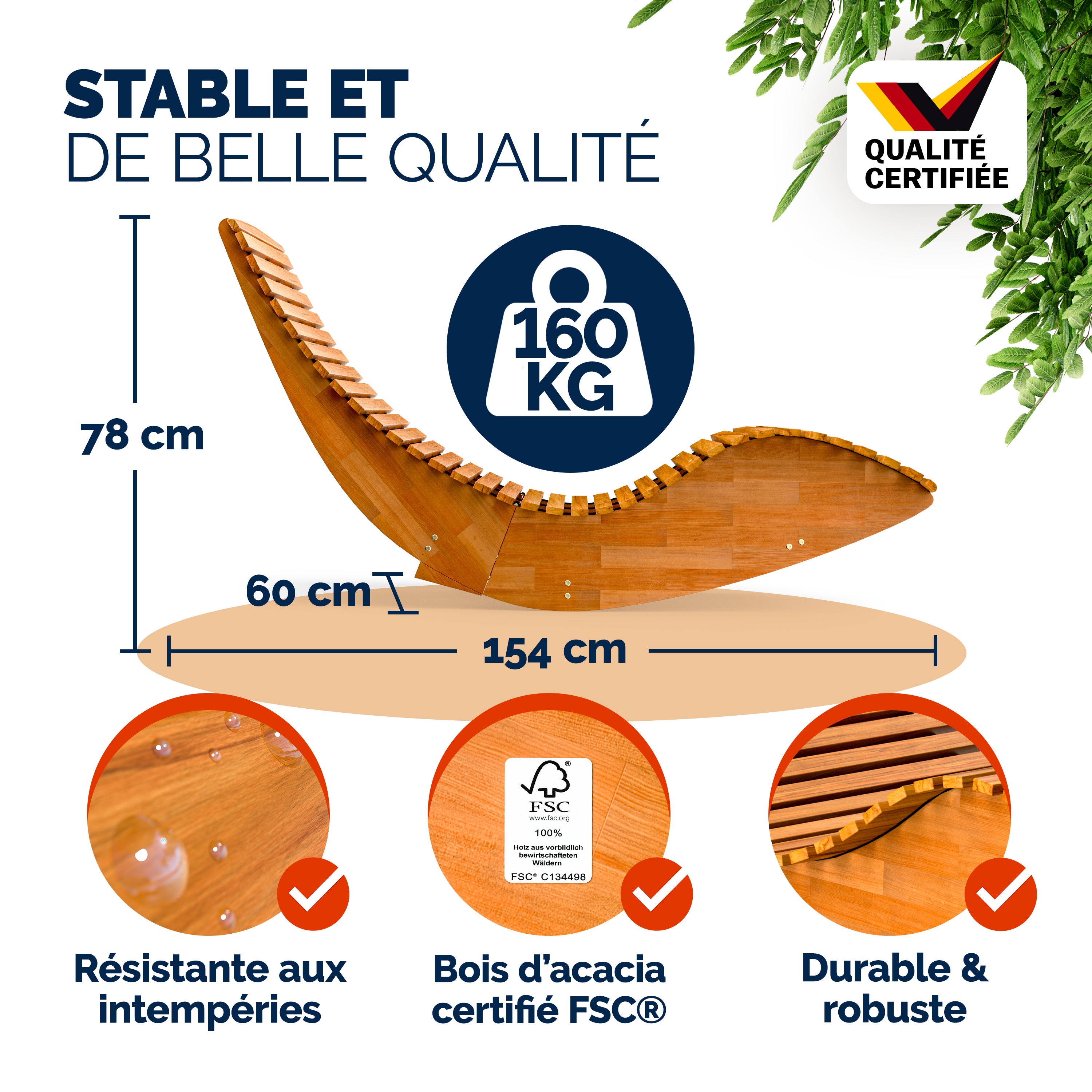 CASARIA® Chaise Longue à Bascule en Bois d'acacia certifié FSC® - Transat Bain de Soleil pour Sauna, Charge 160kg - 3