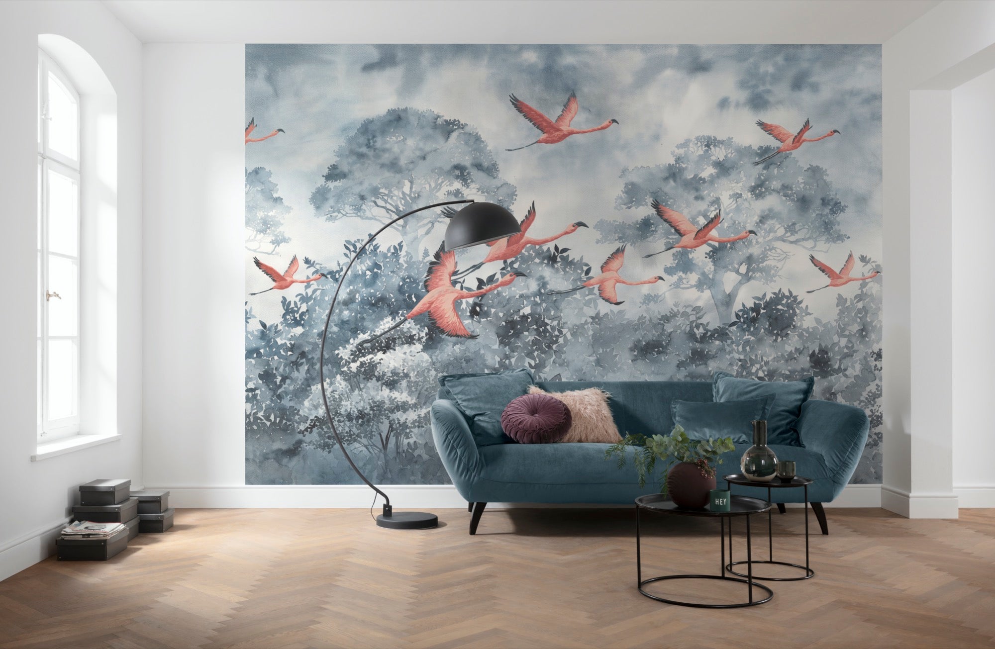 Fototapeta flamingi niebieskoszarymIróżowym - 400 x 280 cm - SANDERS &amp; SANDERS