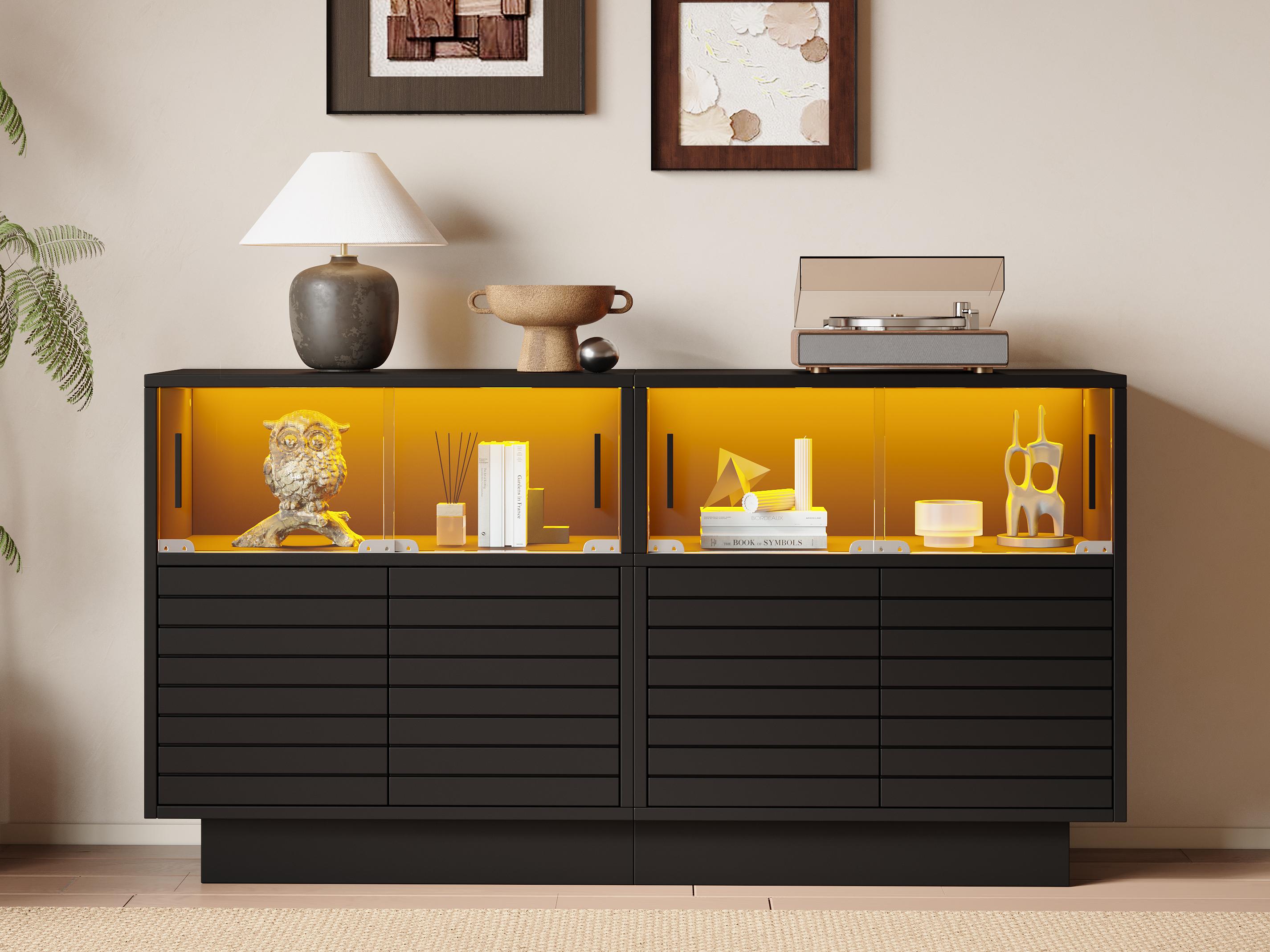 Komoda 130x35x68cm - z 2 szafkami - 4 drzwi - z oświetleniem LED - czarna
