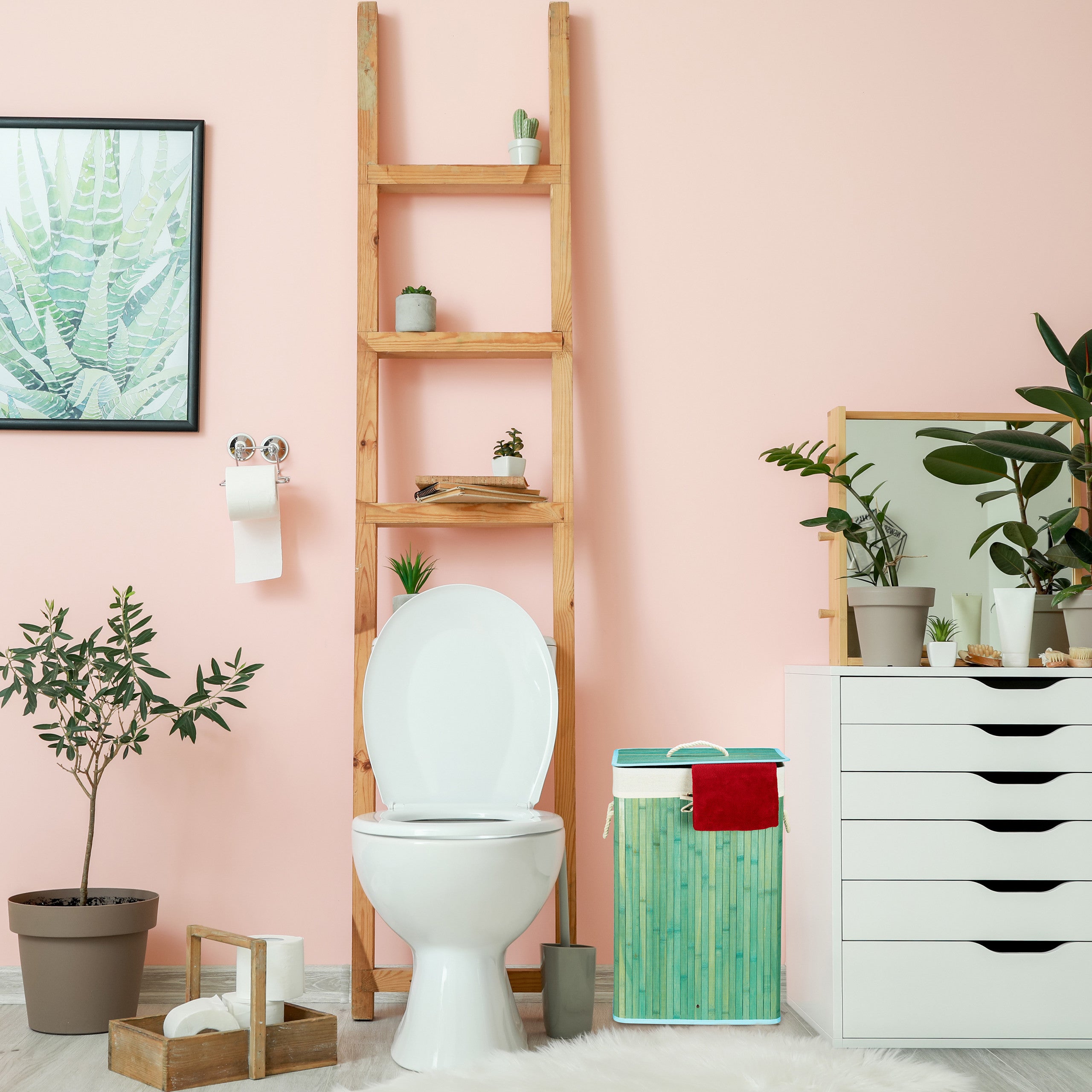 Panier à linge bambou, lot de 2, corbeille linge pliante, 83L, sac intérieur coton, 65,5 x 43,5 x 33,5 cm, blanc - 2