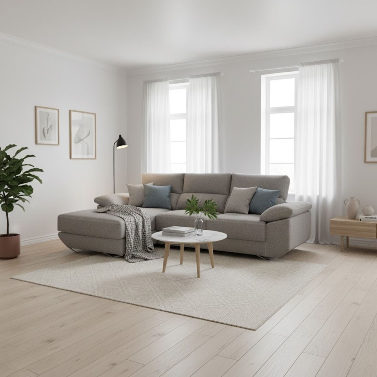 Sofá chaiselongue izquierda Danielle 3 plazas tela bronx gris claro