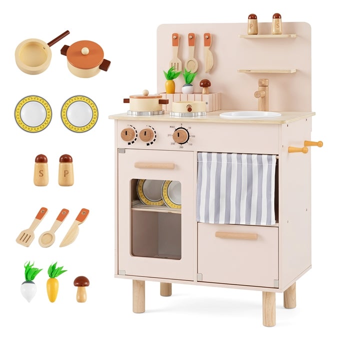 Bucătărie pentru copii din lemn, jucărie cu chiuvetă, robinet, mașină de spălat vase,plite și butoane cu clic,accesorii incluse,de la 3 ani în sus,bej