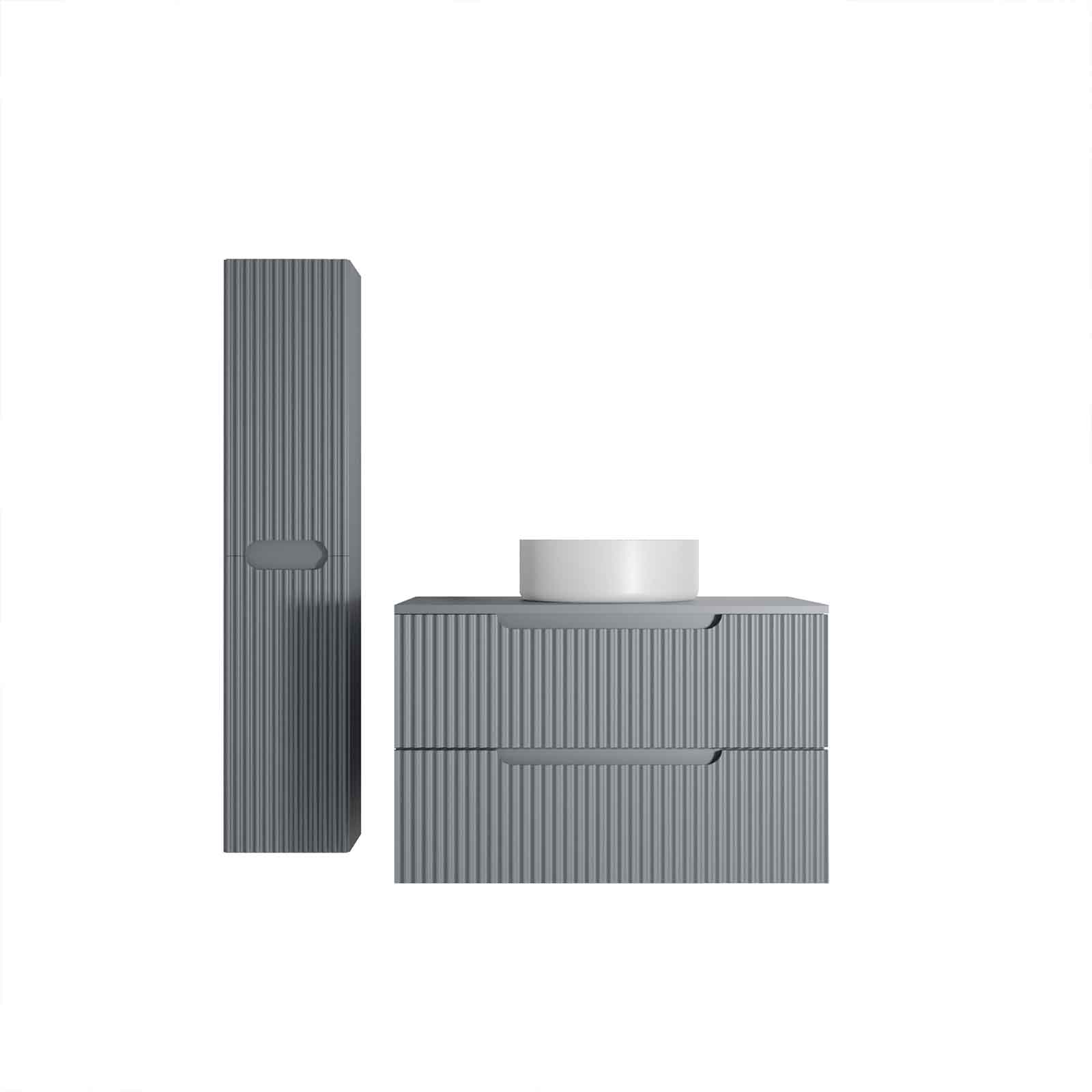 Meuble et colonne de Salle de Bains LEON 80cm Gris souris - Façades Ondulées - Vasque Ronde 36cm - 3